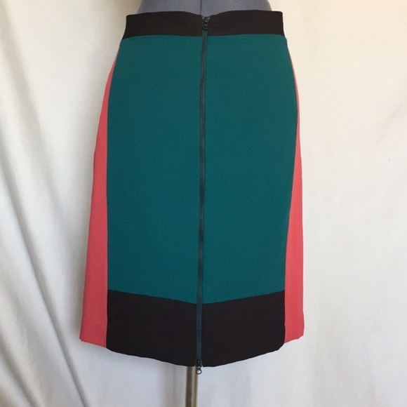 Narciso Rodriguez Pencil Skirt Sz 12 Lined Teal Black Coral Knee Length - Picture 3 of 3